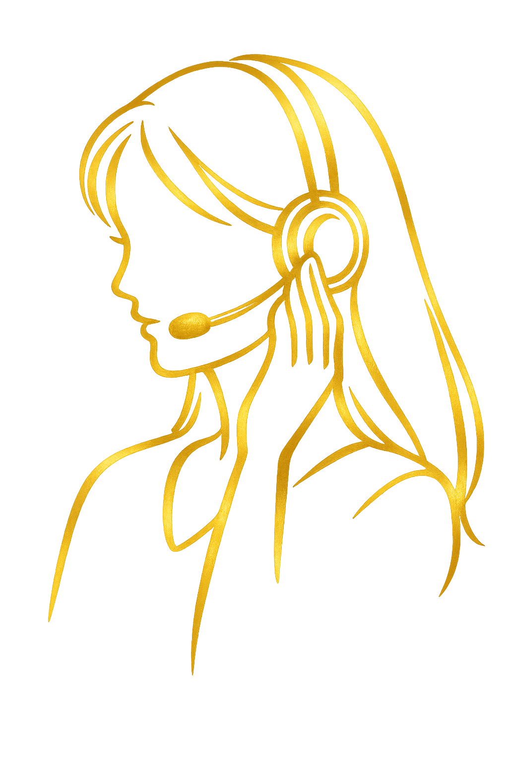 Goldene Umrisszeichnung eines weiblichen Kopfes mit Headset, seitliche Ansicht, minimalistisch und stilisiert, auf dunklem Hintergrund.