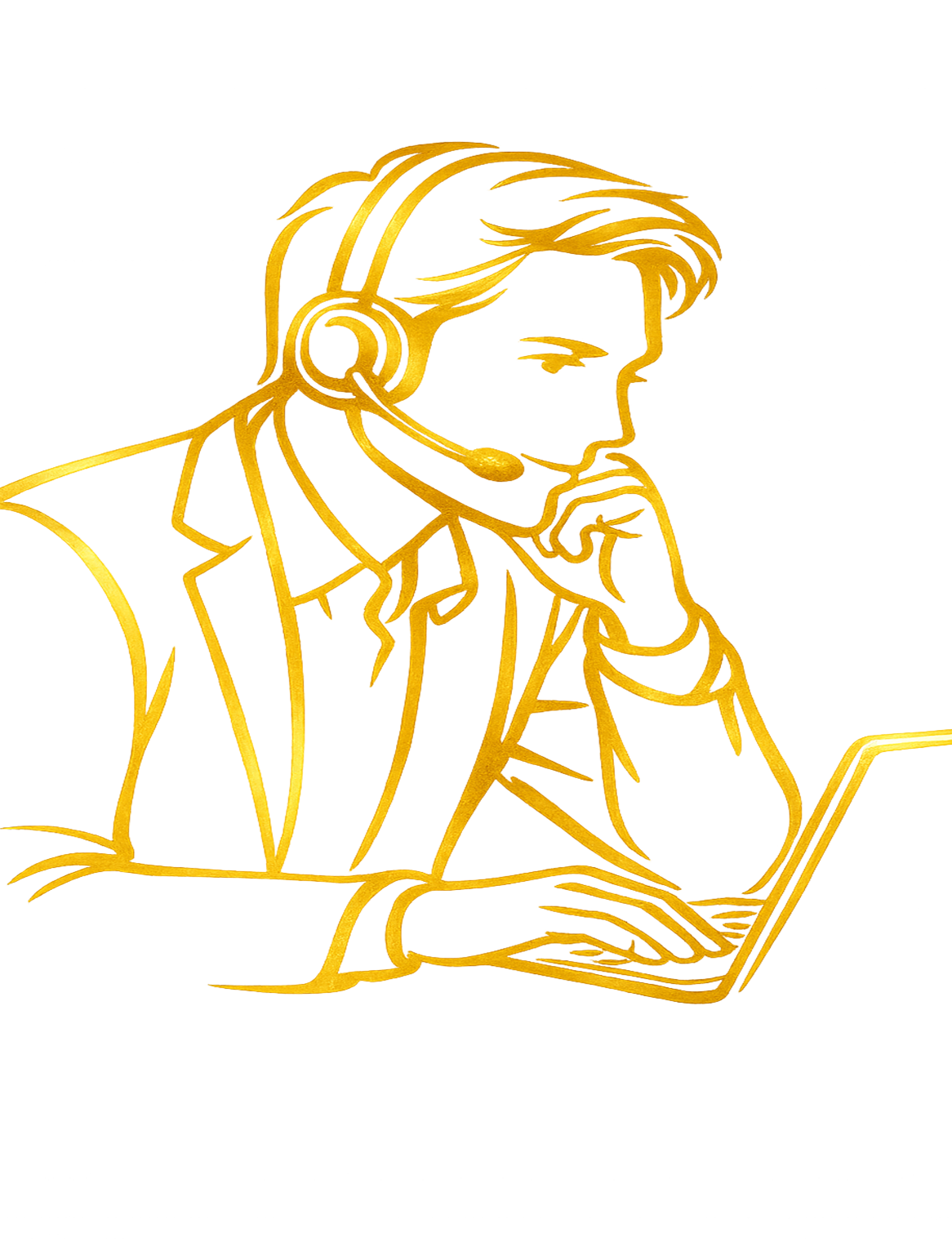 Goldene Skulptur einer sitzenden Frau mit einem Telefonhörer am Ohr, auf rotem Hintergrund.