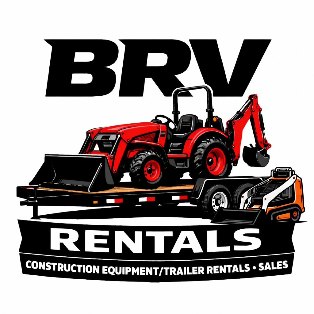Logo for BRV Rentals featuring construction equipment including a small red tractor with a front loader and a small black and orange vehicle, with bold black and white text indicating construction equipment, trailer rentals, and sales.