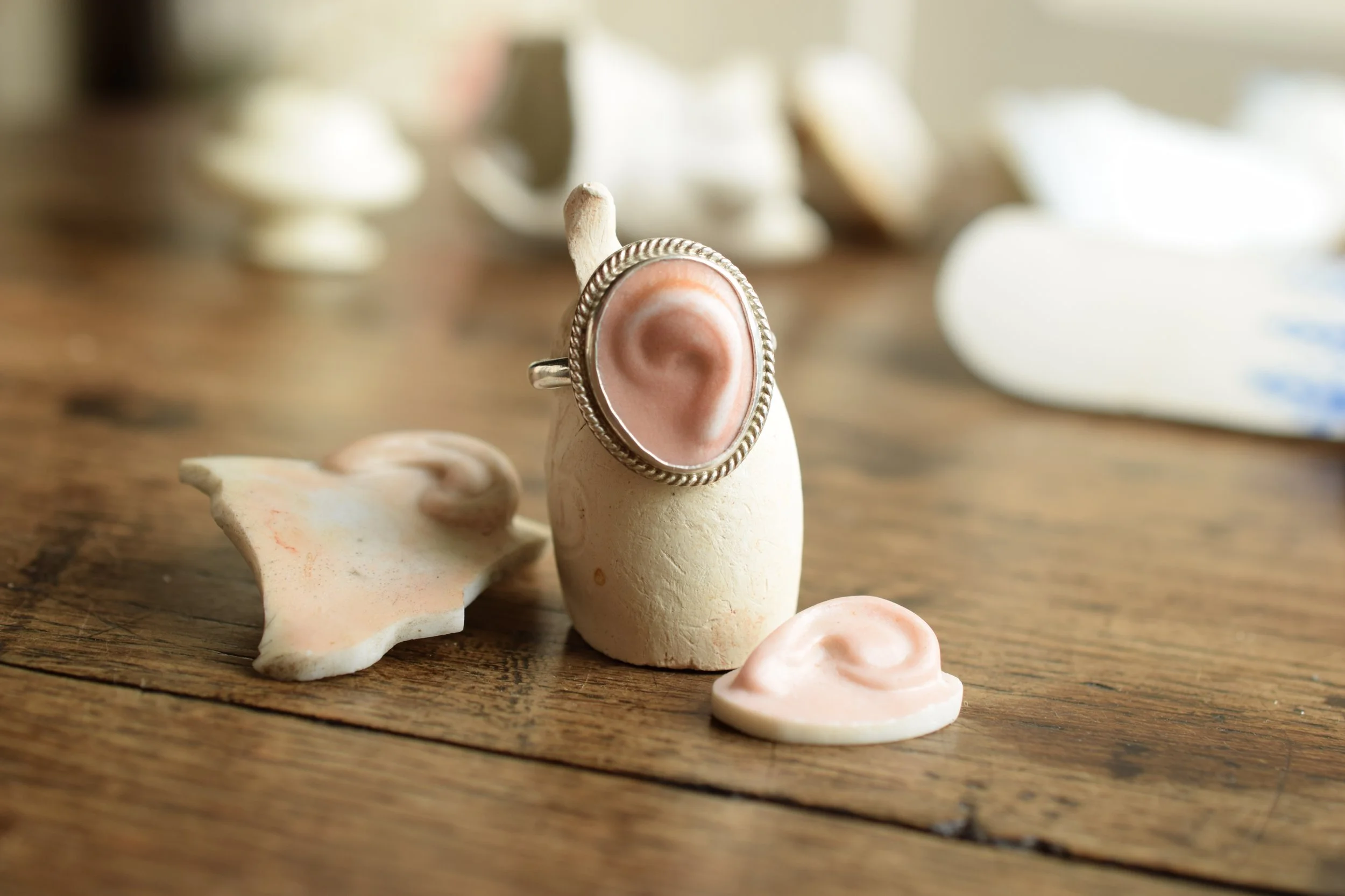Ear Ring'. A silver ring made with a found Victorian/Edwardian porcelain dolls ear.
