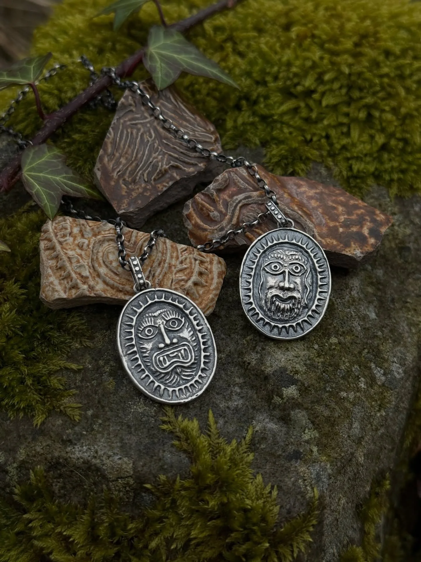 The Wild Man. My third version of Bartmann jug face medallions/ necklaces and my favourite and most detailed so far from the last 5 years! This one is double sided, happy jolly Bartmann on one side and growling angry Bartmann on the other. They are m