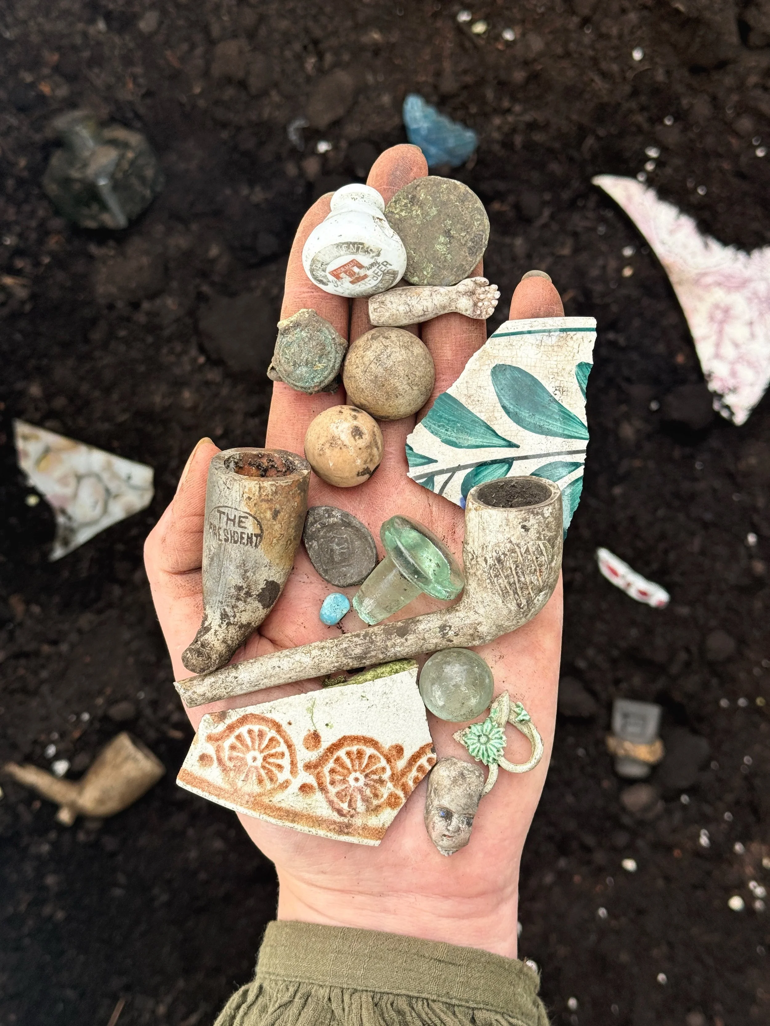 A lovely array of finds found while searching a secluded late Victorian bottle dump in a heavily overgrown woodland here in Scotland, the woods have been colonised with the invasive plant Himalayan Balsam, a none-native species that spreads quickly (