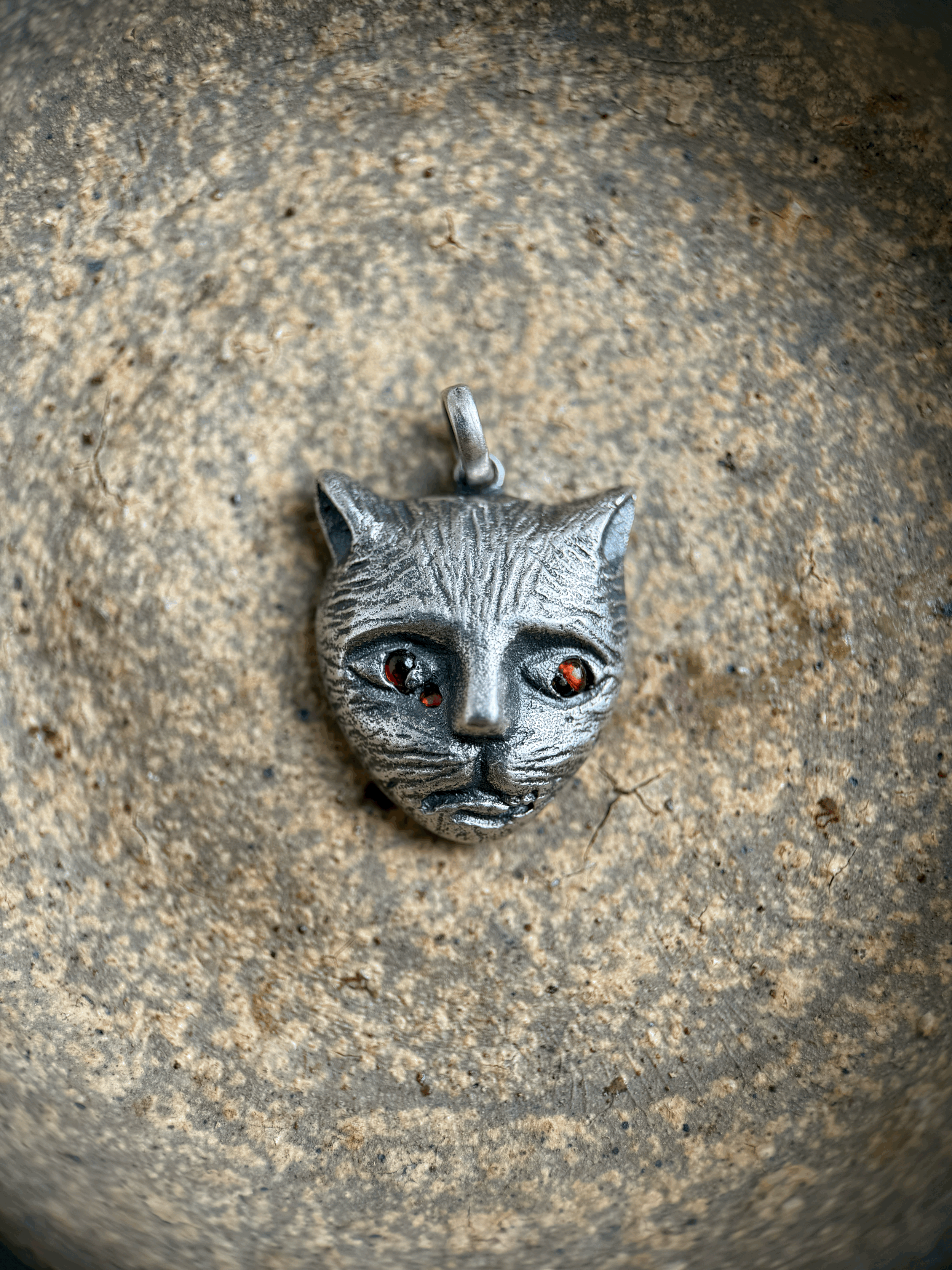 *RESERVED HAZEL* Medieval Cat Face with garnet in Sterling Silver