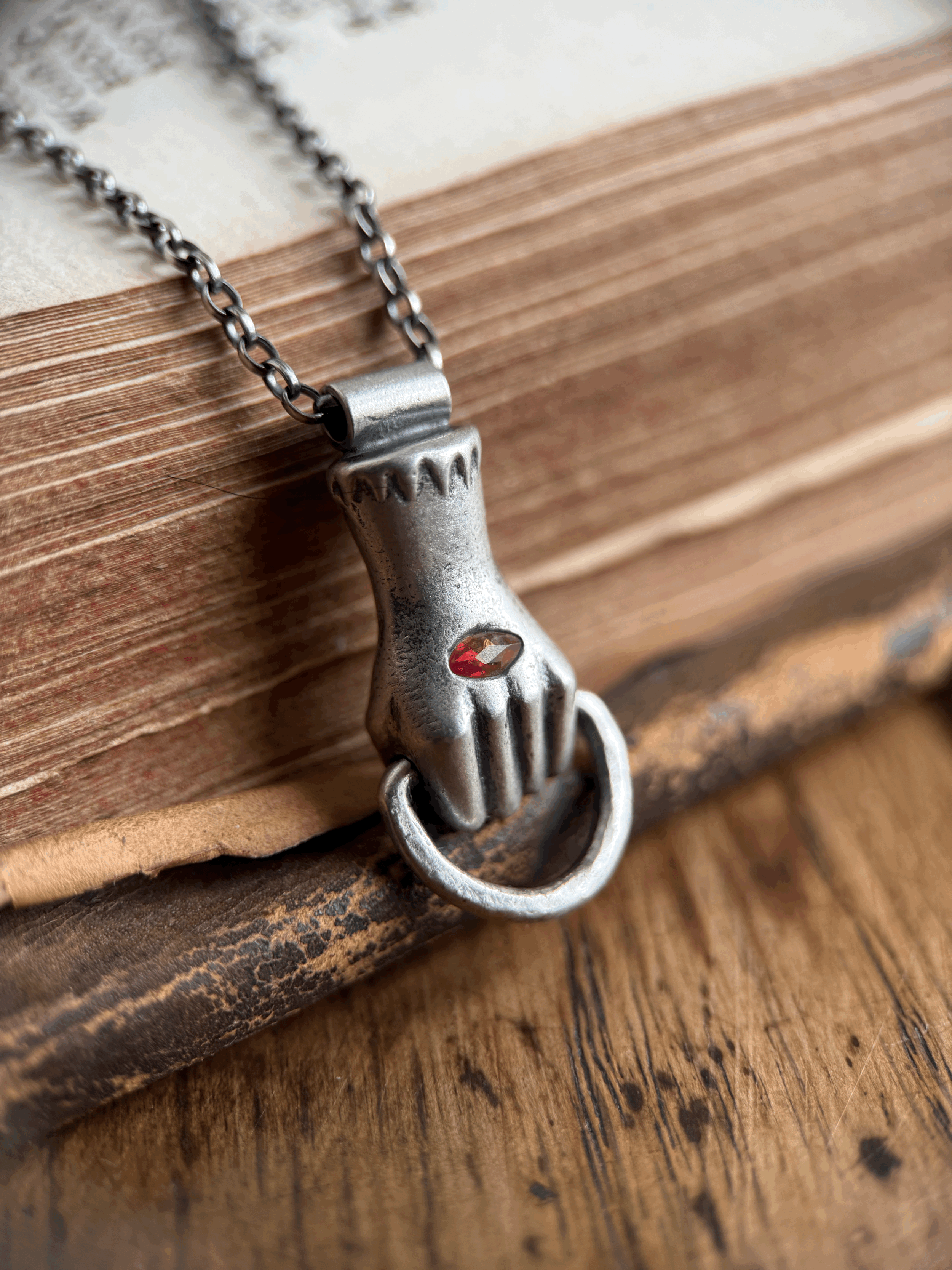 *RESERVED HAZEL* Charm holder hand necklace with red sapphire in Sterling Silver