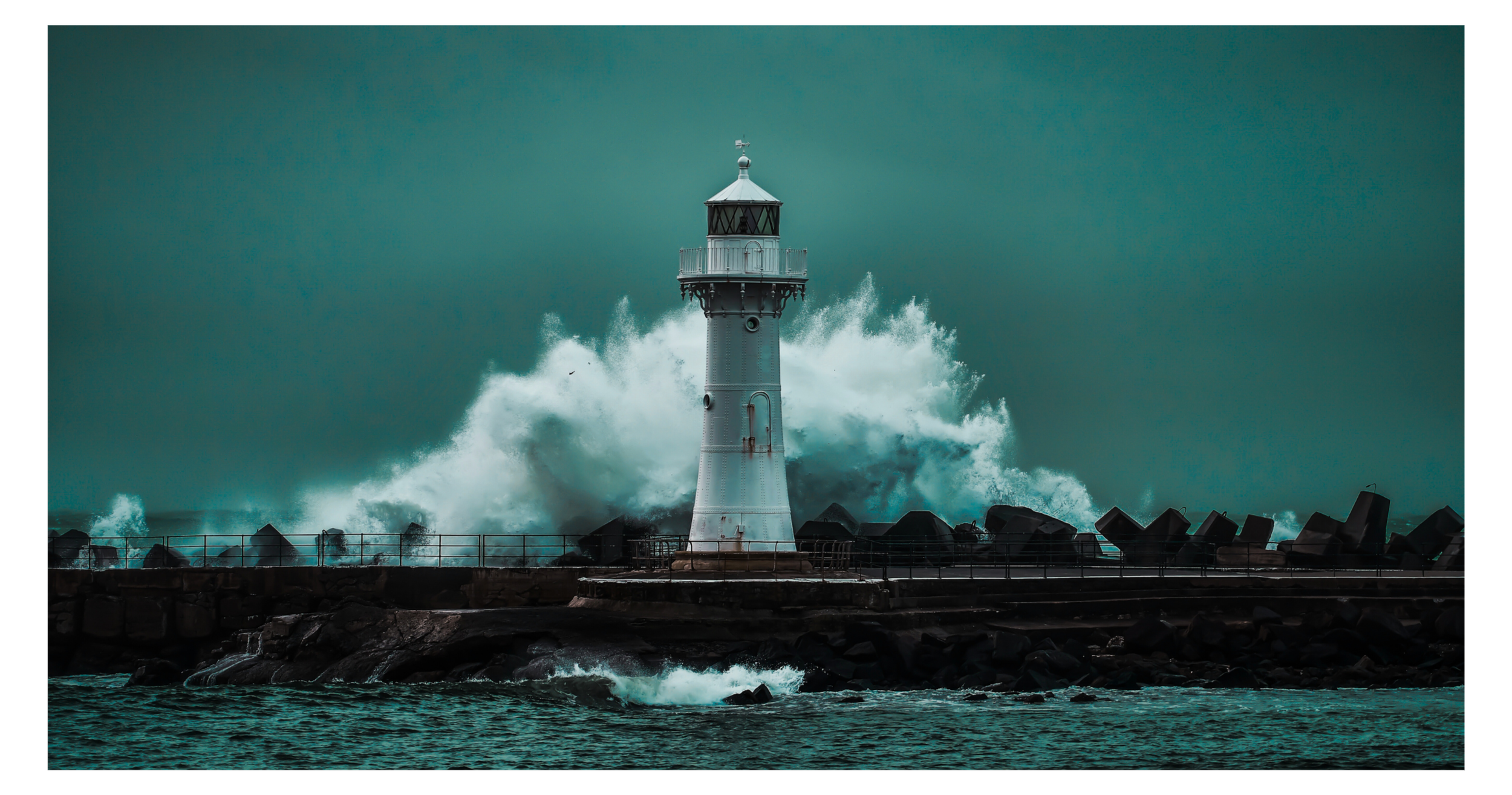 Lighthouse standing firm against crashing waves in a stormy sea, symbolizing resilient guidance through turbulent change.