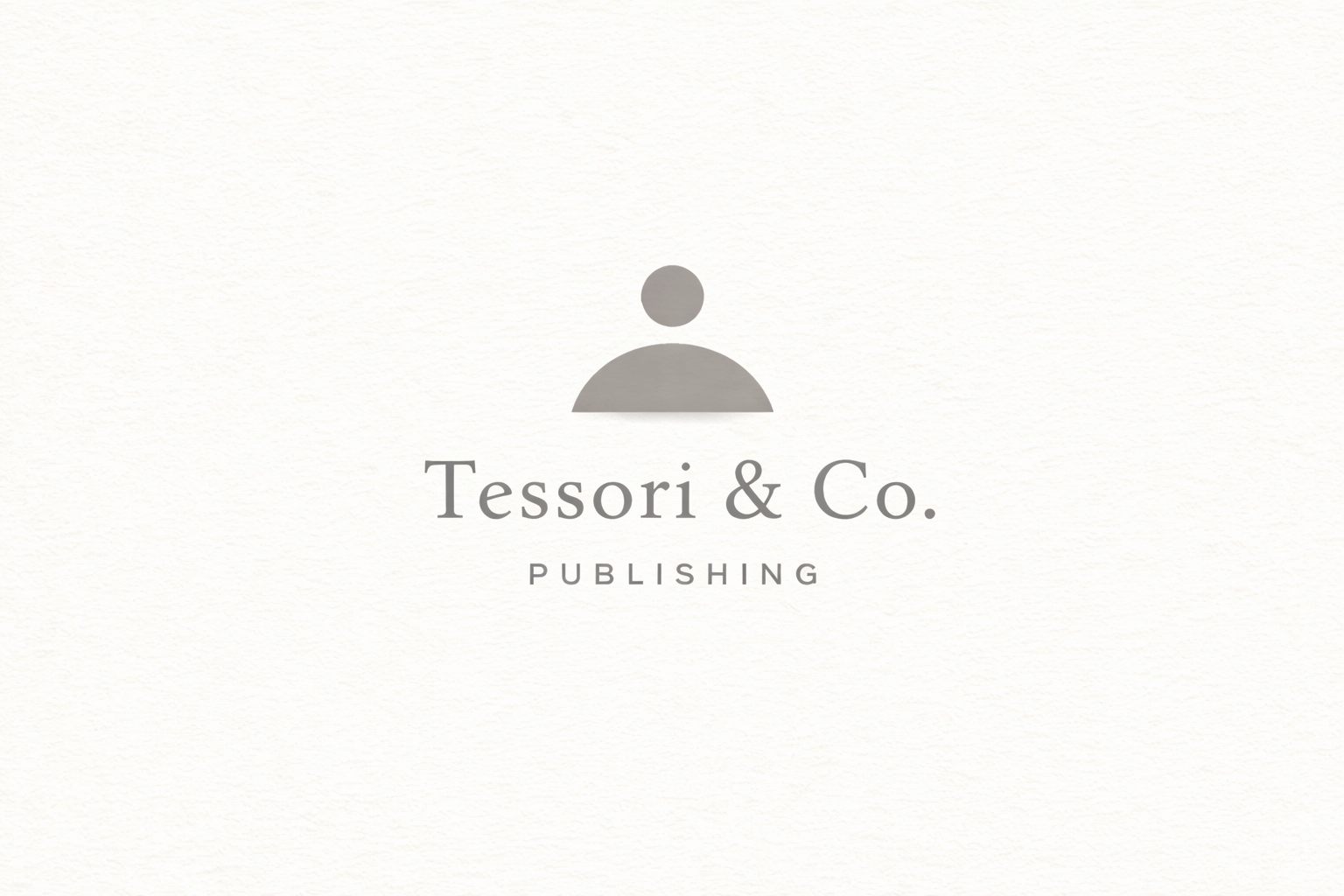 Logo for Tessori & Co., Publishing, featuring a gray circular head and semi-circular shoulders above the company name on a textured light background.