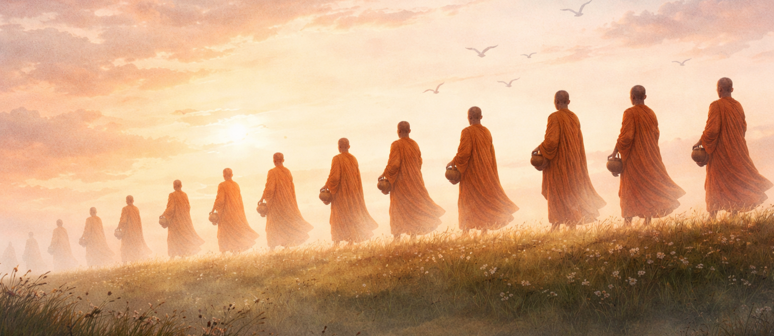 A line of Buddhist monks in orange robes walking in a single file during sunrise or sunset, with birds flying in the sky in the background.
