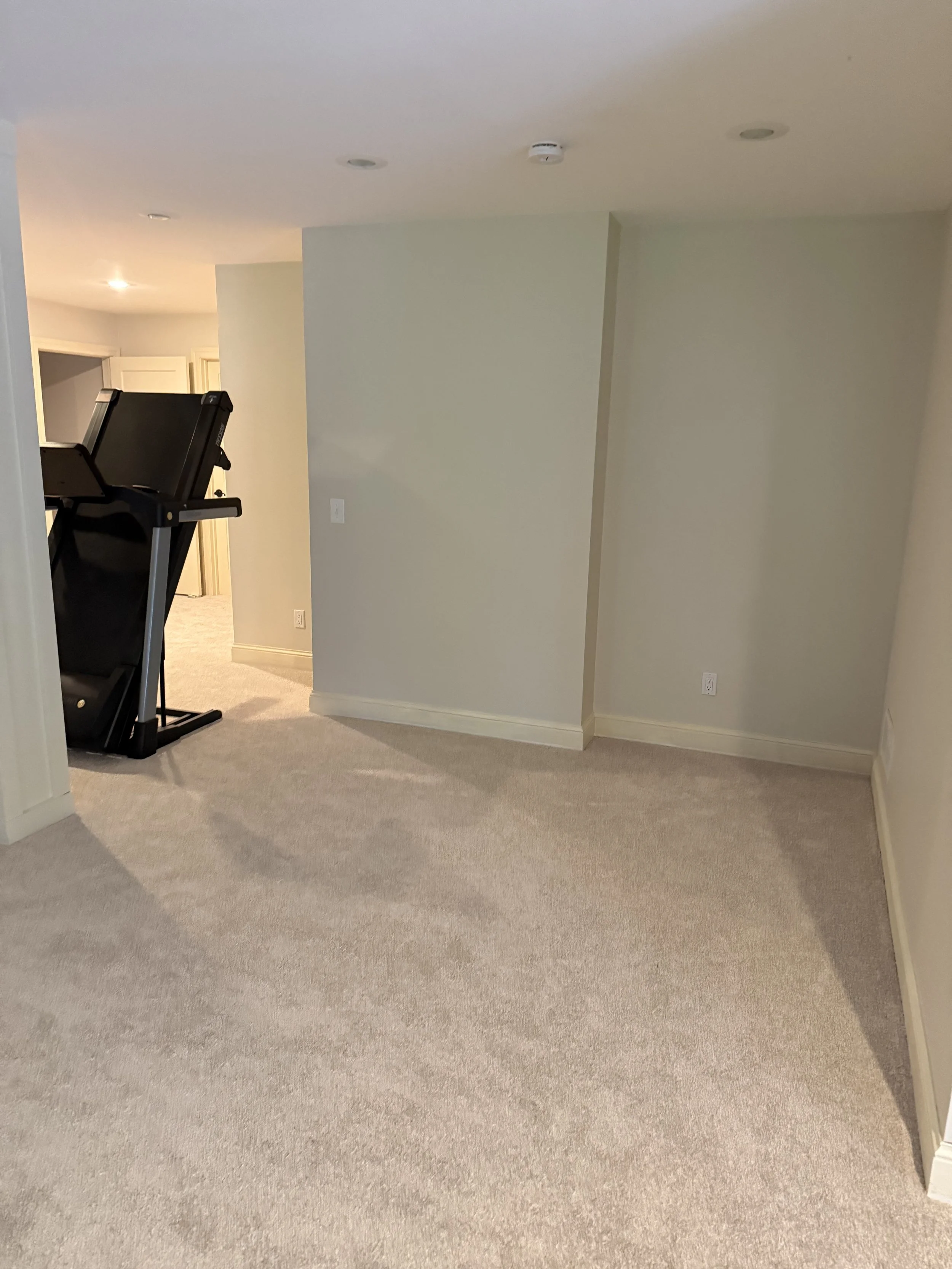 BEFORE: a treadmill in partially furnished basement family room in Wayzata, MN