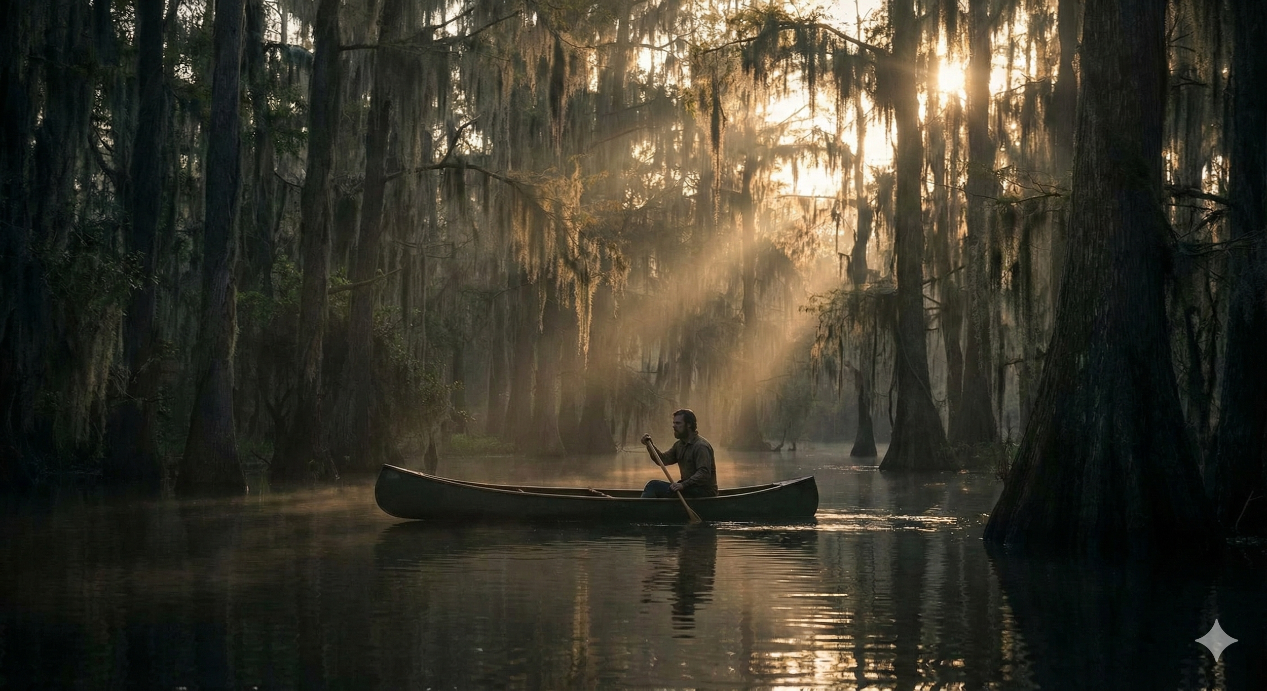 A solo canoeist paddling through the misty, ancient cypress trees of the Okefenokee Swamp blackwater at sunrise. Cinematic documentation of deep wilderness endurance and the Stay Rugged lifestyle.