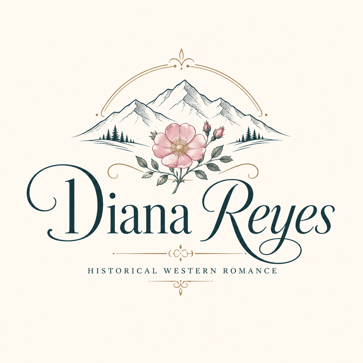Book cover with mountains, pine trees, and a pink flower, titled 'Diana Reyes', subtitle 'Historical Western Romance'.