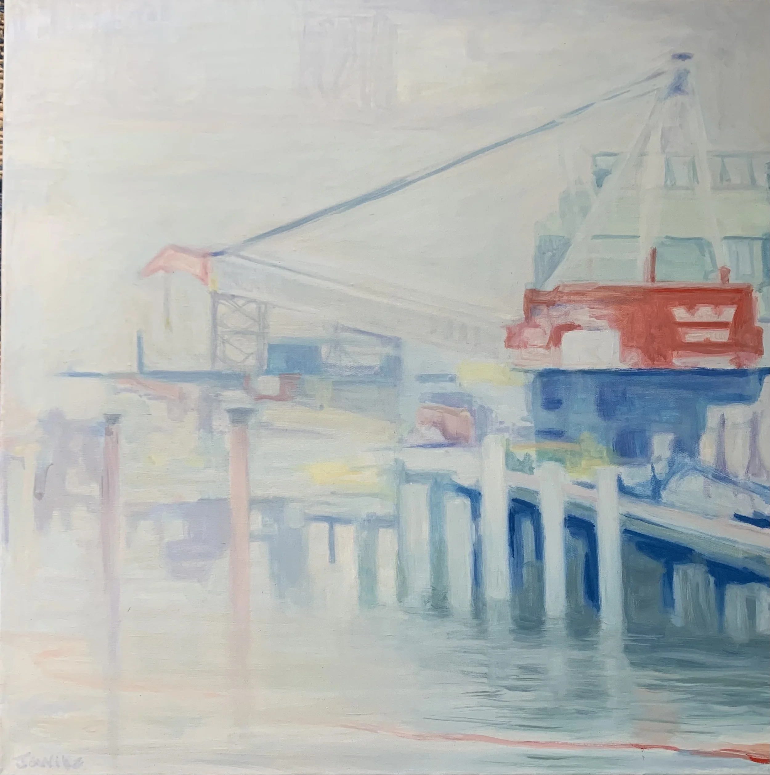 "NYC Pier in Fog" oil on canvas