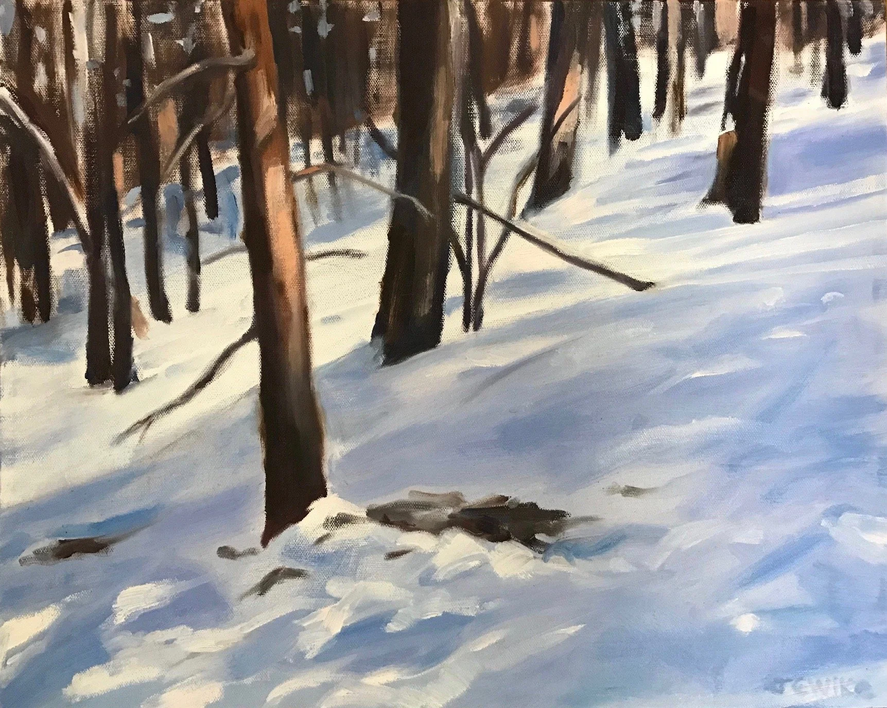 "Deer Bed in Snow" oil on canvas
