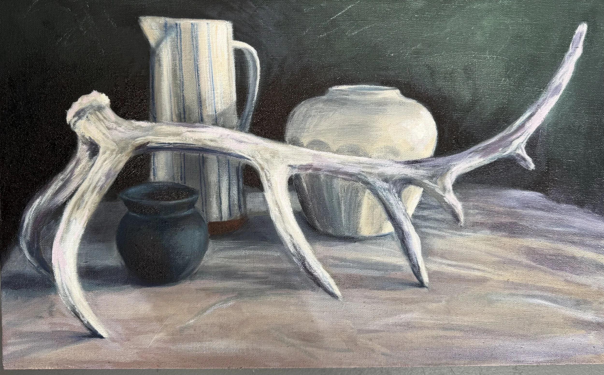 "Still Life with Elk Antler" oil on canvas