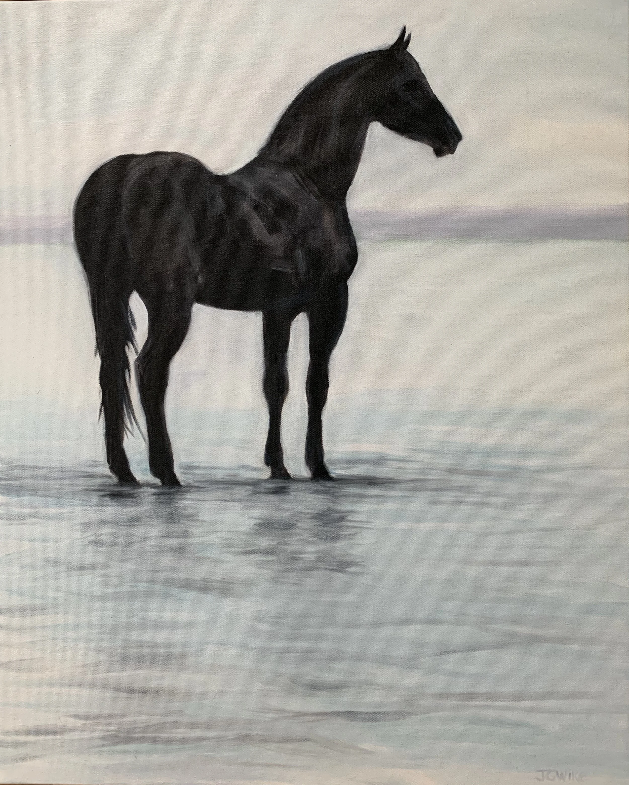 "Black Horse at Beach" oil on canvas