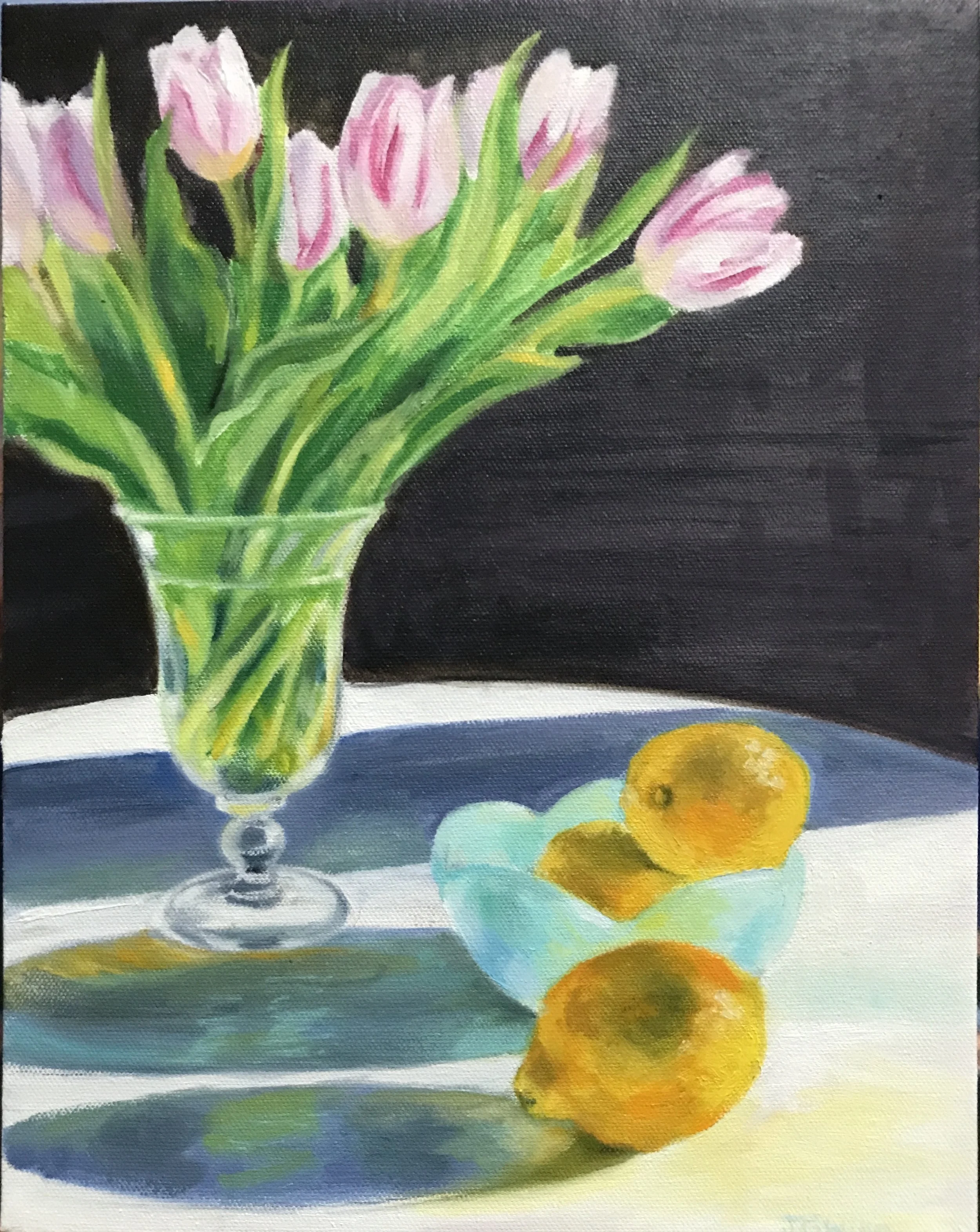 "Still Life with Tulips and Lemons" oil on canvas