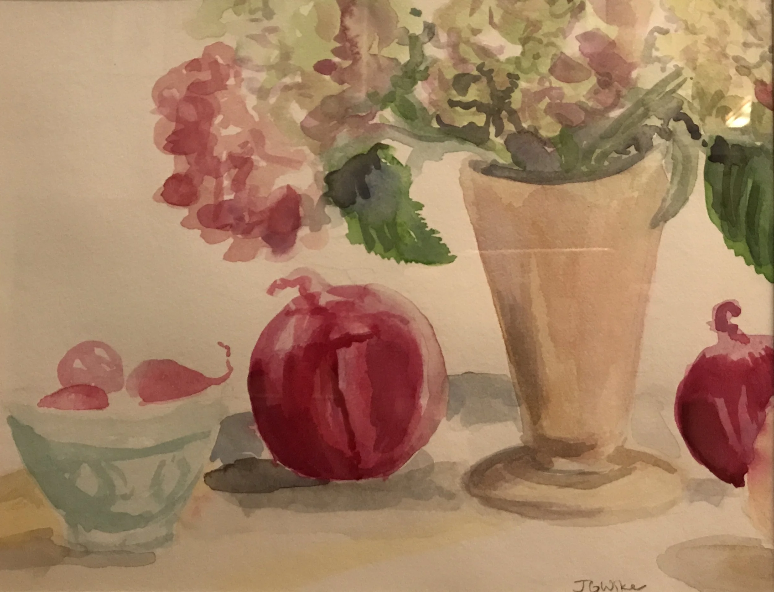 "Still Life with Hydrangeas & Red Onions" watercolor on paper