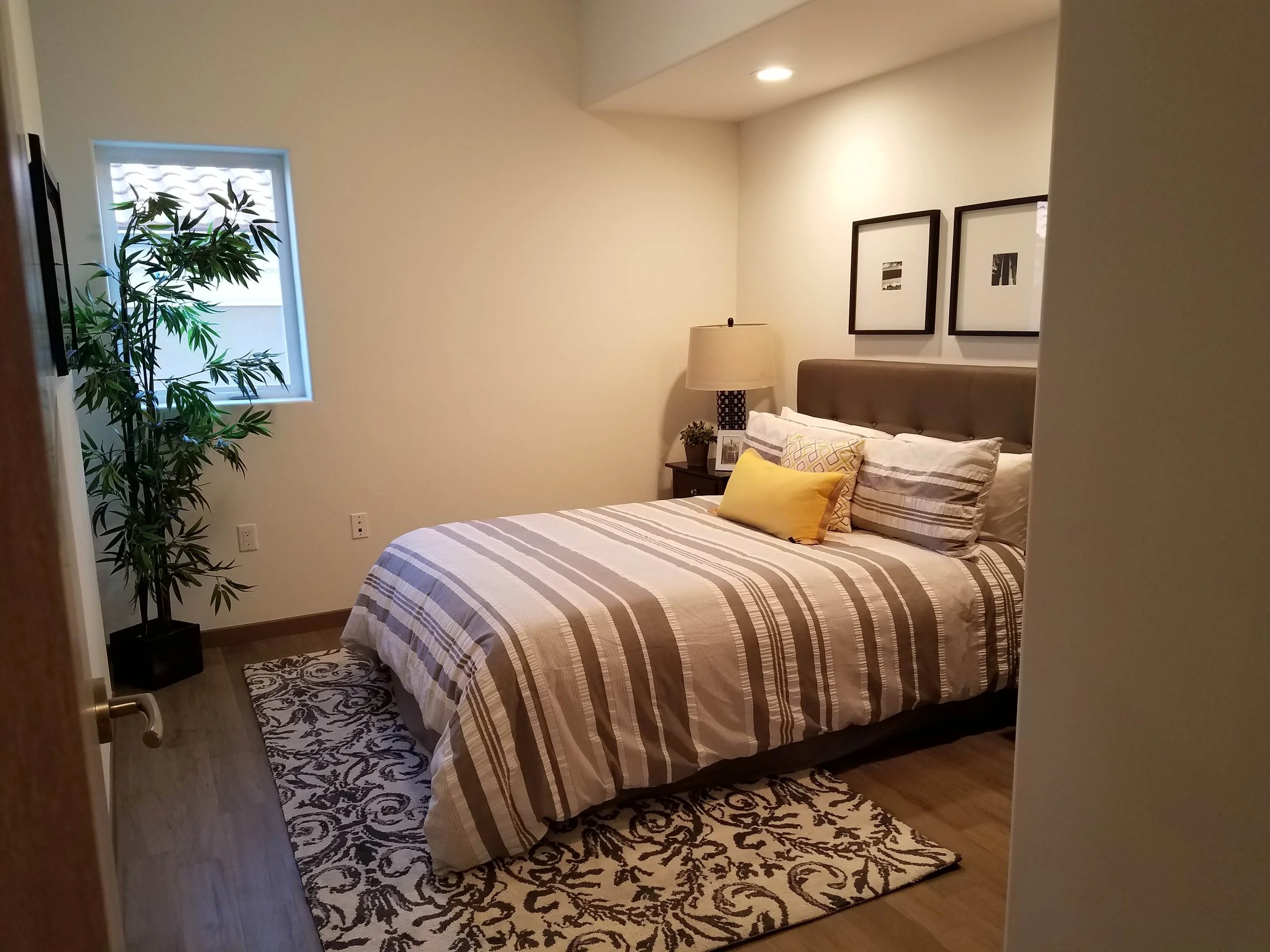 A cozy bedroom featuring a bed with striped bedding, decorative pillows, a nightstand with a lamp and plant, framed pictures above the bed, a window with a potted plant, and a patterned rug on hardwood floor.