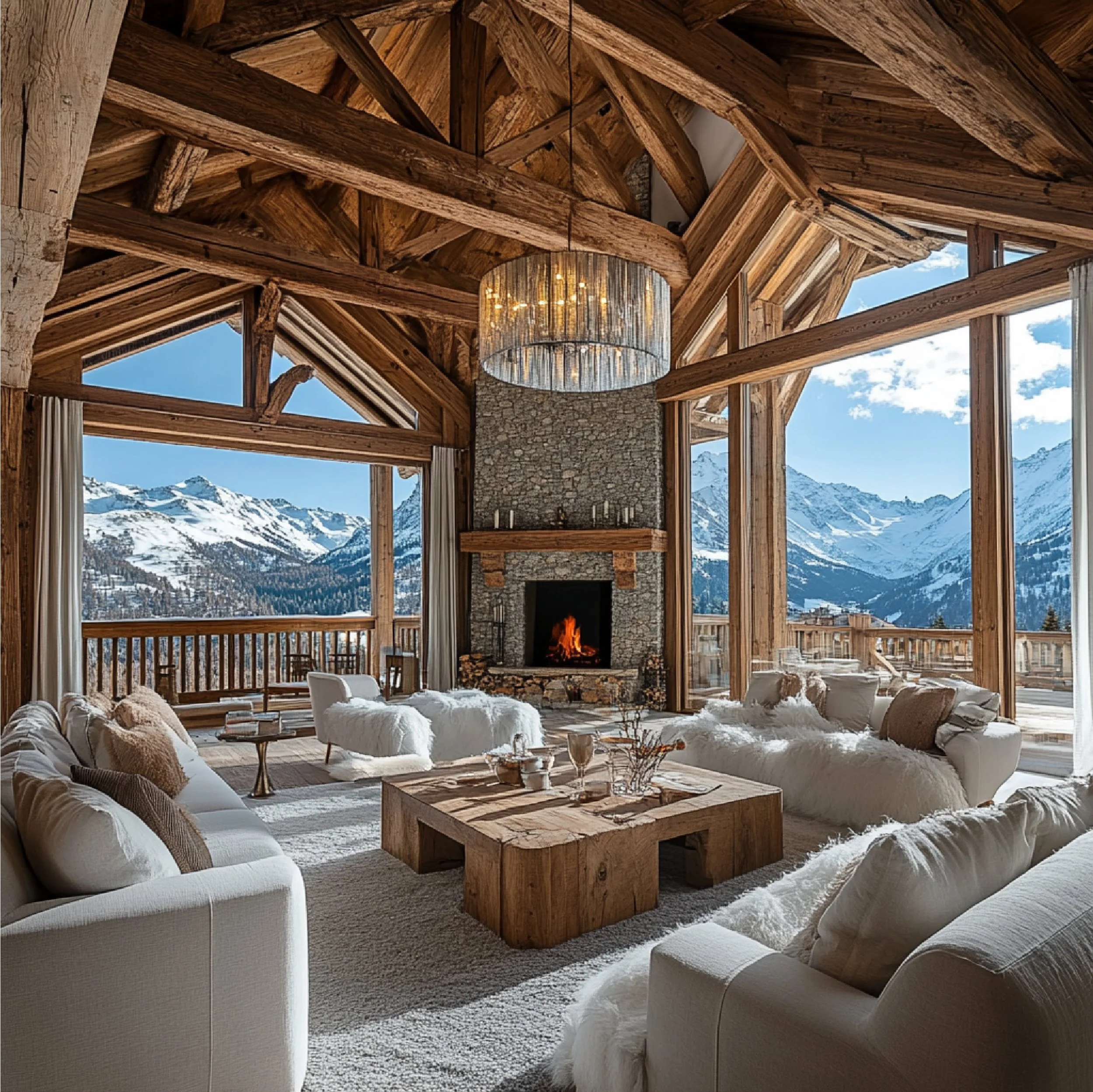 Living room with large glass windows showing snowy mountain scenery, wooden beams, stone fireplace with fire, and cozy furniture including white sofas and ottomans.