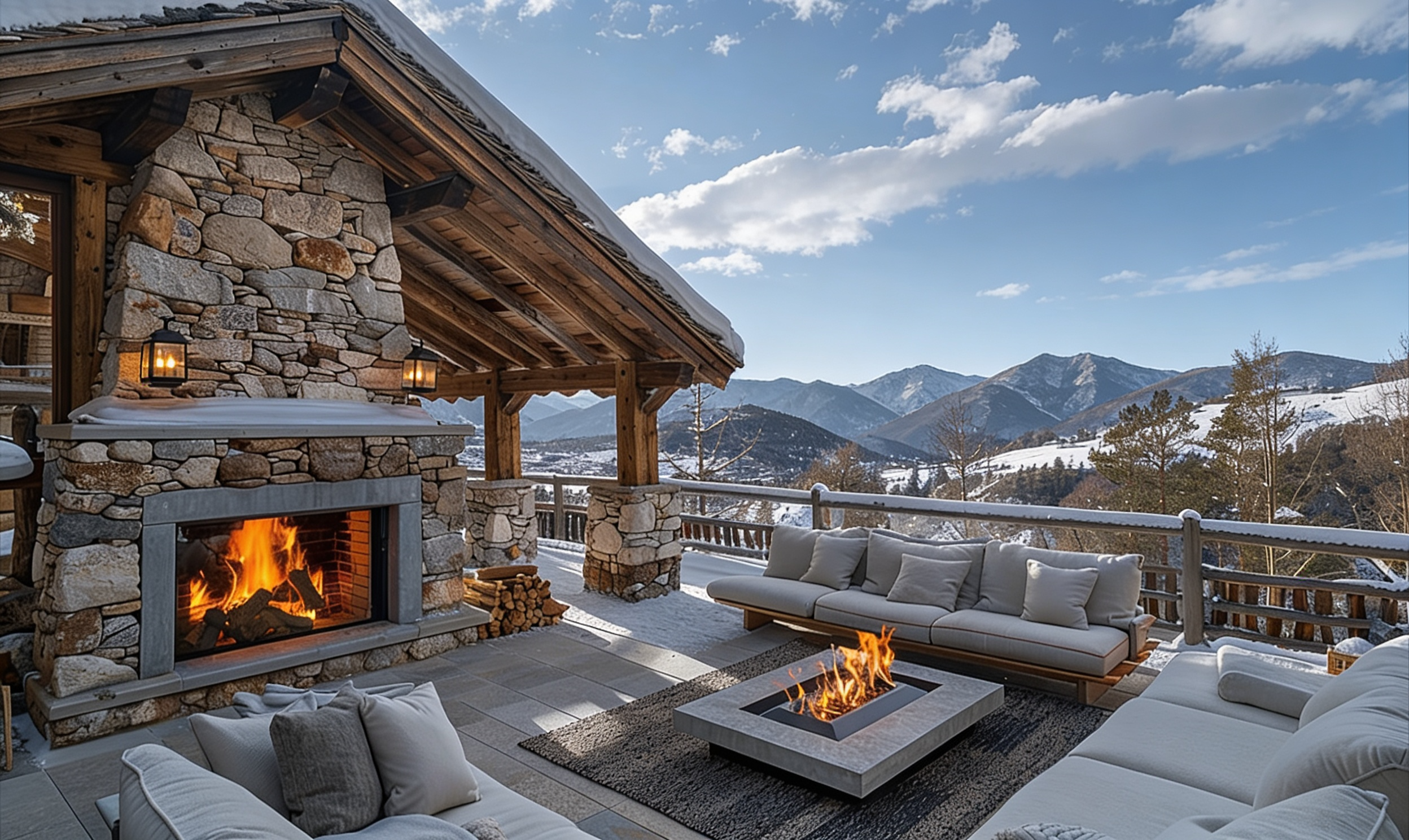 Outdoor mountain view terrace with a stone fireplace, cozy seating, and a fire pit in winter with snow on the roof and landscape.