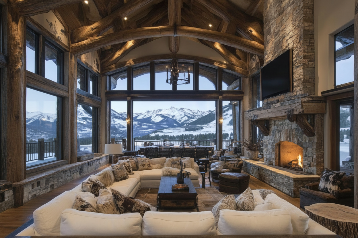 A spacious living room with a rustic design, featuring large windows with mountain views, a stone fireplace, and cozy furniture.