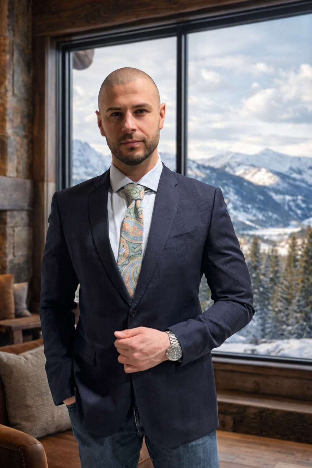 A man in a dark suit and light-colored shirt standing inside a cozy log cabin with a large window behind him showing a snowy mountain landscape.
