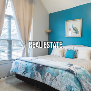 Bedroom with blue accent wall, framed bird artwork, white bed with blue pillows, beige curtains, and a window with blinds.
