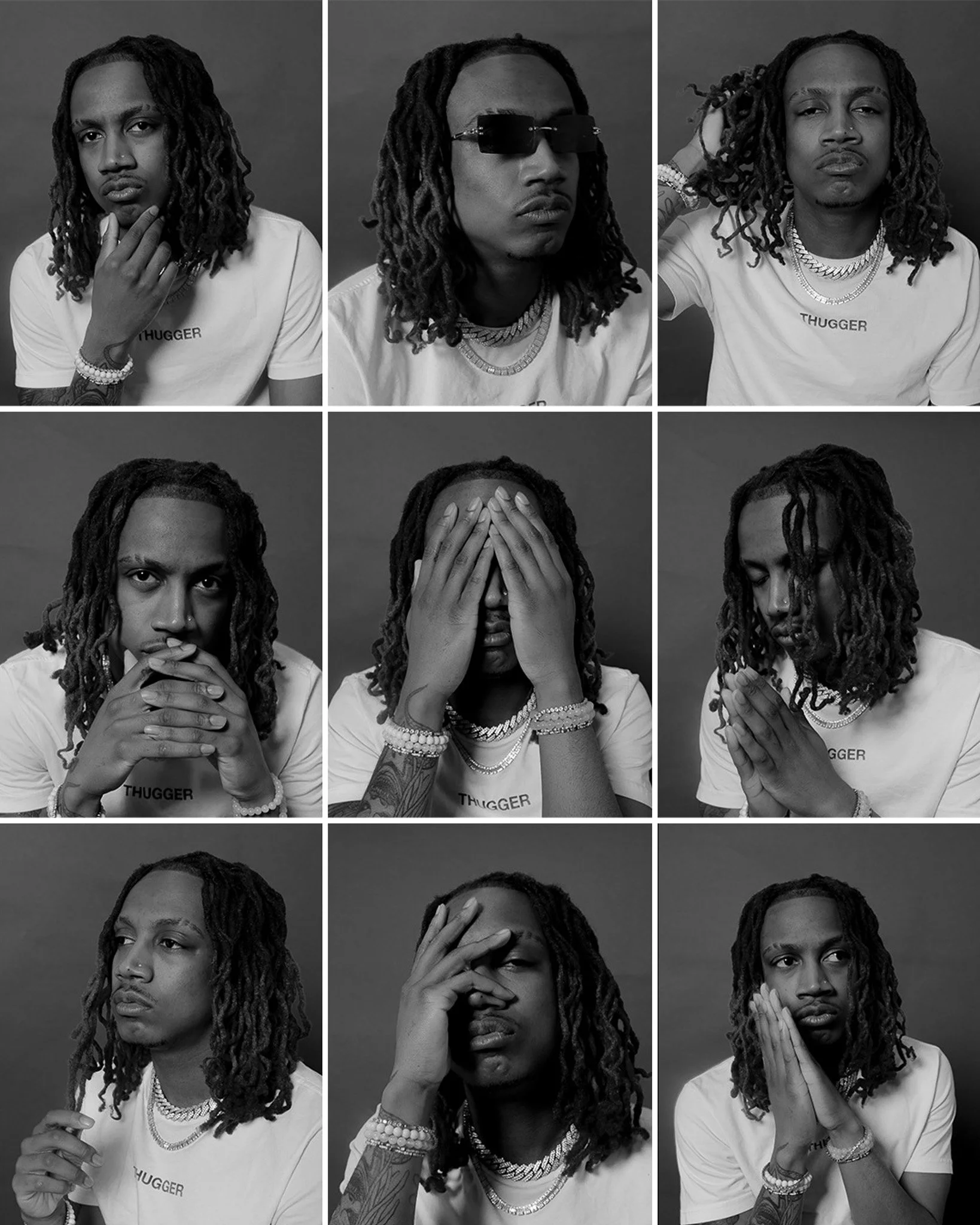 A collage of nine black-and-white photographs of a young man with dreadlocks, wearing a white T-shirt with 'THUGGER' written on it, and various jewelry and accessories. The photos show different facial expressions and poses, including thoughtful, ser