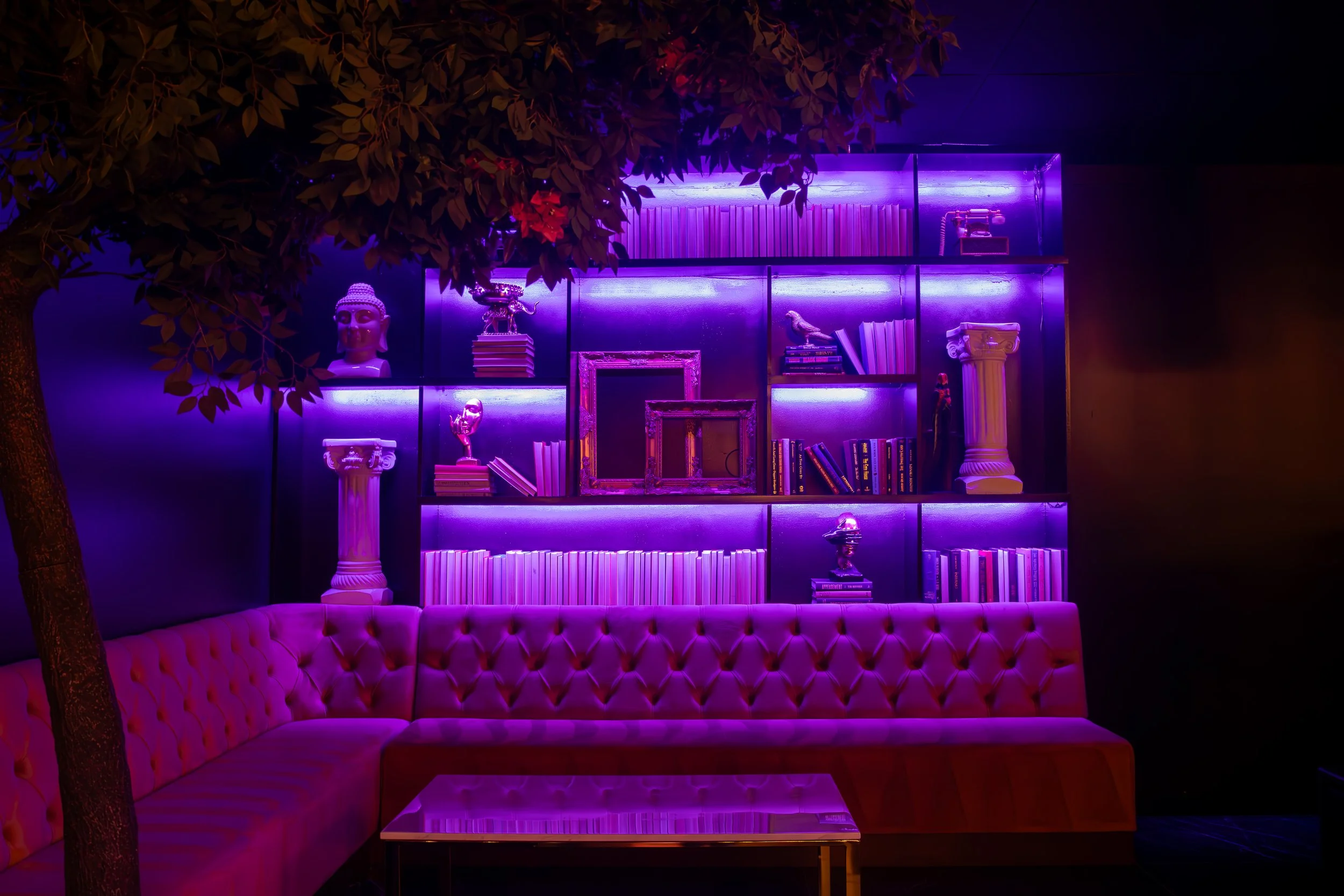 A stylish room with purple and pink lighting, a pink tufted sofa, a coffee table, and a wall-mounted bookshelf with decorative items, books, and framed pictures, adorned with classical columns and sculptures, with a tree partially visible on the left