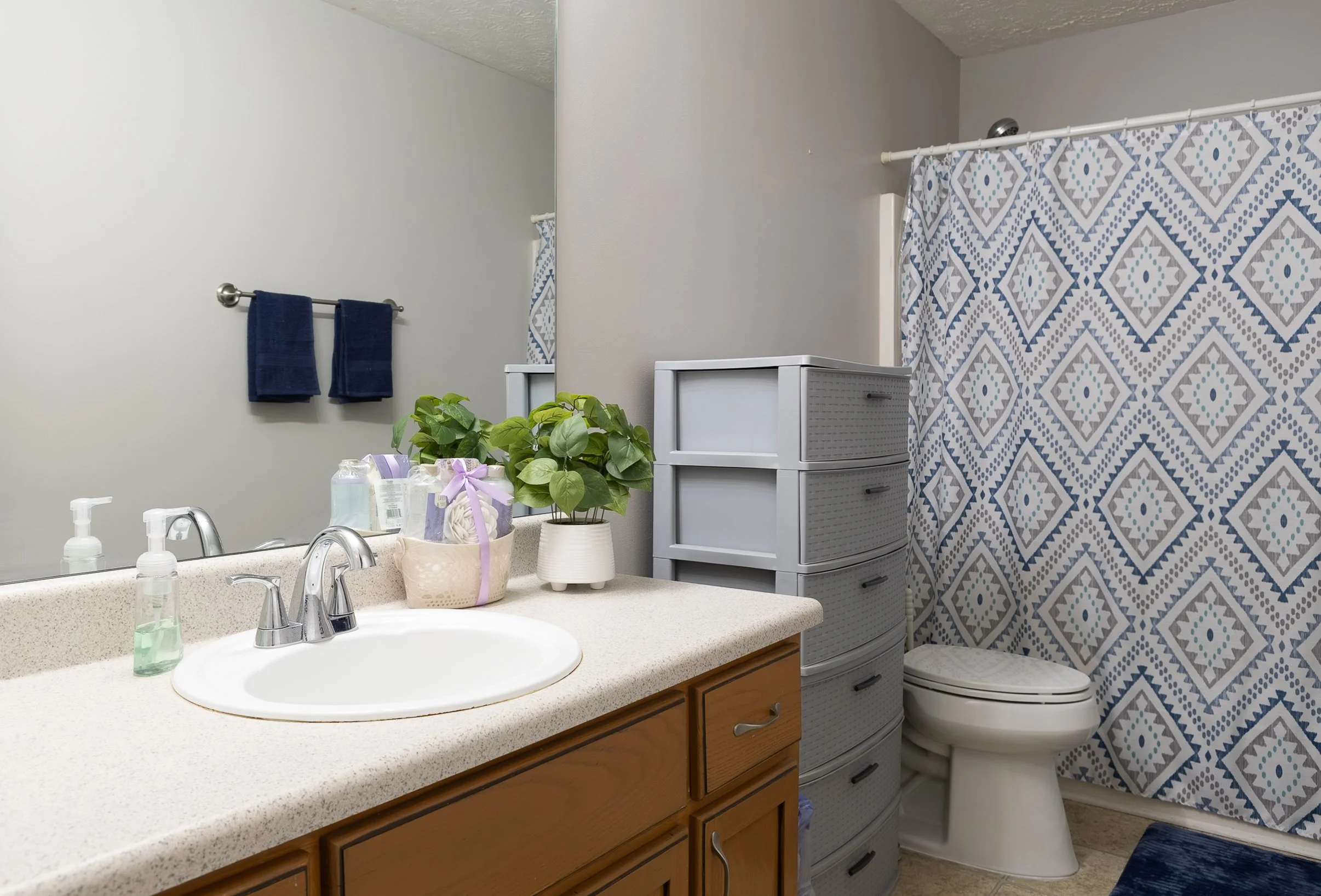 A bathroom with beige countertop, wooden cabinet, a white sink with silver faucet, soap dispensers, and potted plants. Behind, there is a vanity mirror, a towel rack with two dark blue towels, a plastic storage unit, a toilet, and a shower with a blu