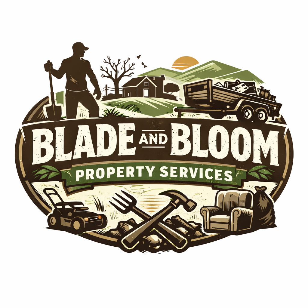 Logo for Blade and Bloom Property Services featuring a farm landscape with a farmer, house, trees, a trailer, gardening tools, lawnmower, armchair, and landscaping elements.