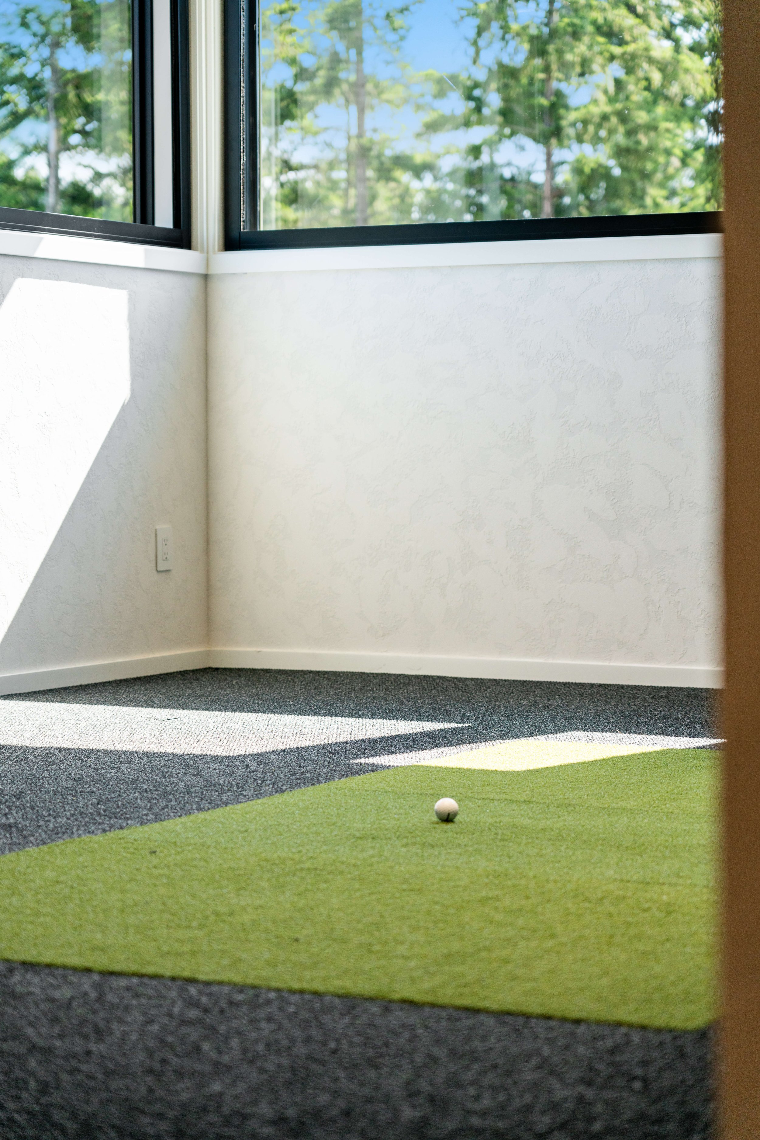 Indoor golf practice area with artificial turf and a small golf ball, near large windows showing greenery outside.