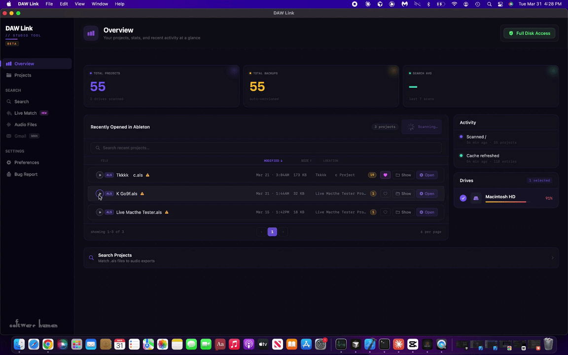Screenshot of a computer screen displaying the DAW Link application with a dark theme, showing project overview, total projects and backups, recent opened projects, and activity logs, along with a sidebar menu for search and settings.