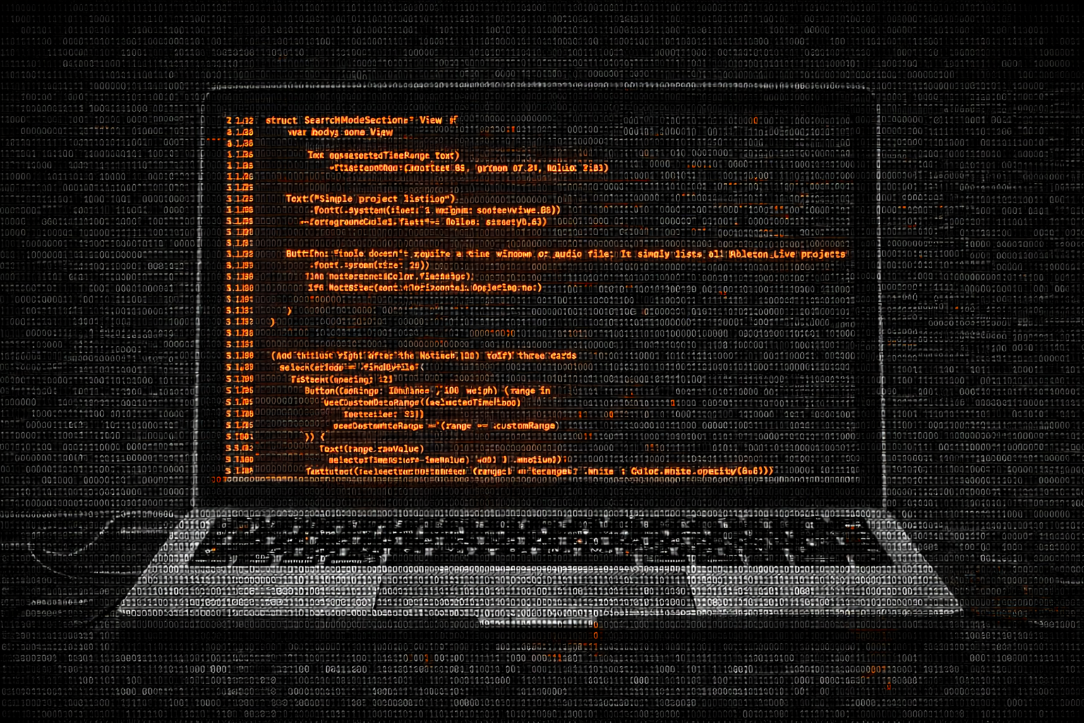 A person is sitting at a desk with their head down, surrounded by a digital overlay of binary code and code snippets on a computer screen, giving a futuristic, hacking, or cybersecurity impression.