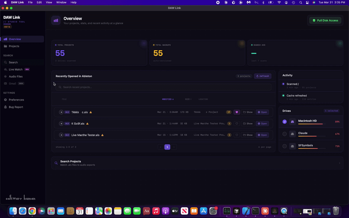 Screenshot of a computer screen displaying the DAW Link application interface, showing project overview, recent projects, search options, activity logs, drive statuses, and navigation menus with a dark themed background.