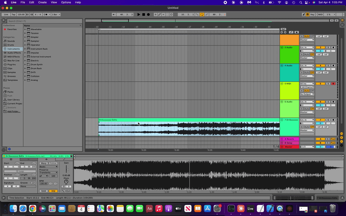 Screenshot of a digital audio workstation (DAW) with multiple tracks, including audio and MIDI tracks, in a music production software on a Mac computer.