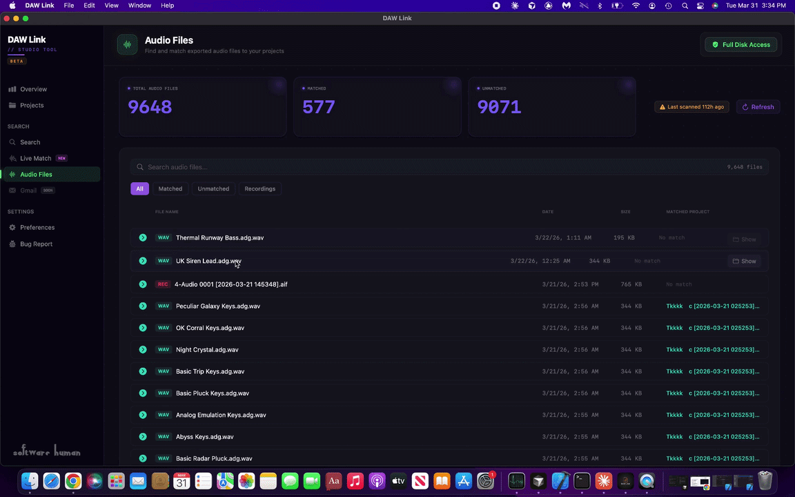 Screenshot of a desktop computer showing a software interface called DAW Link, specifically the Audio Files section, displaying total audio files, matched files, unmatched files, a list of audio files with details such as file name, date, size, and matching status.