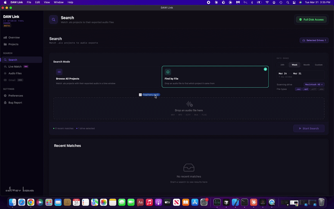 Screenshot of a computer screen displaying the DAW Link software interface for audio project management, showing options to browse projects or find files and a drag-and-drop area for audio files.