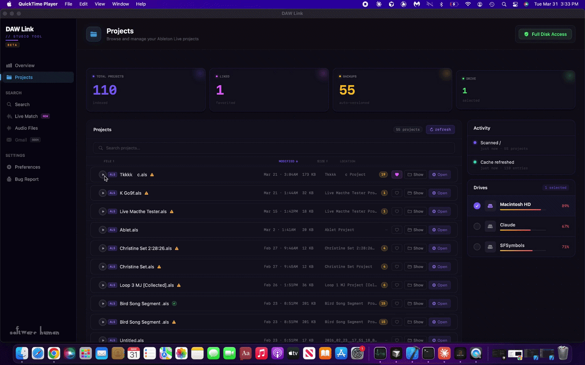 Screenshot of a computer desktop showing a project management dashboard on the DAW Link application, with dark mode theme. The dashboard displays total projects, liked projects, backups, and drives, along with a list of individual projects with details such as name, date, size, location, and actions.