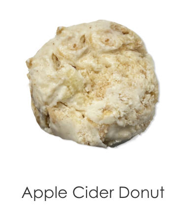Apple cider ice cream, apple cider donut pieces with a cinnamon sugar swirl