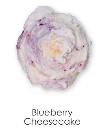 Delectably smooth cheesecake ice cream topped off with a tangy blueberry ripple and soft cheesecake chunks.