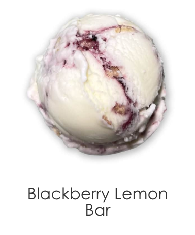 Fresh lemon ice cream folded with pound cake pieces and swirls of blackberry sauce.