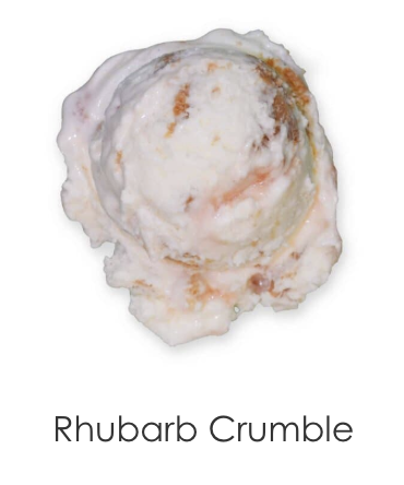 Sweet, cream cheese frosting ice cream, spun with a bright rhubarb jam and a buttery shortbread crumble.