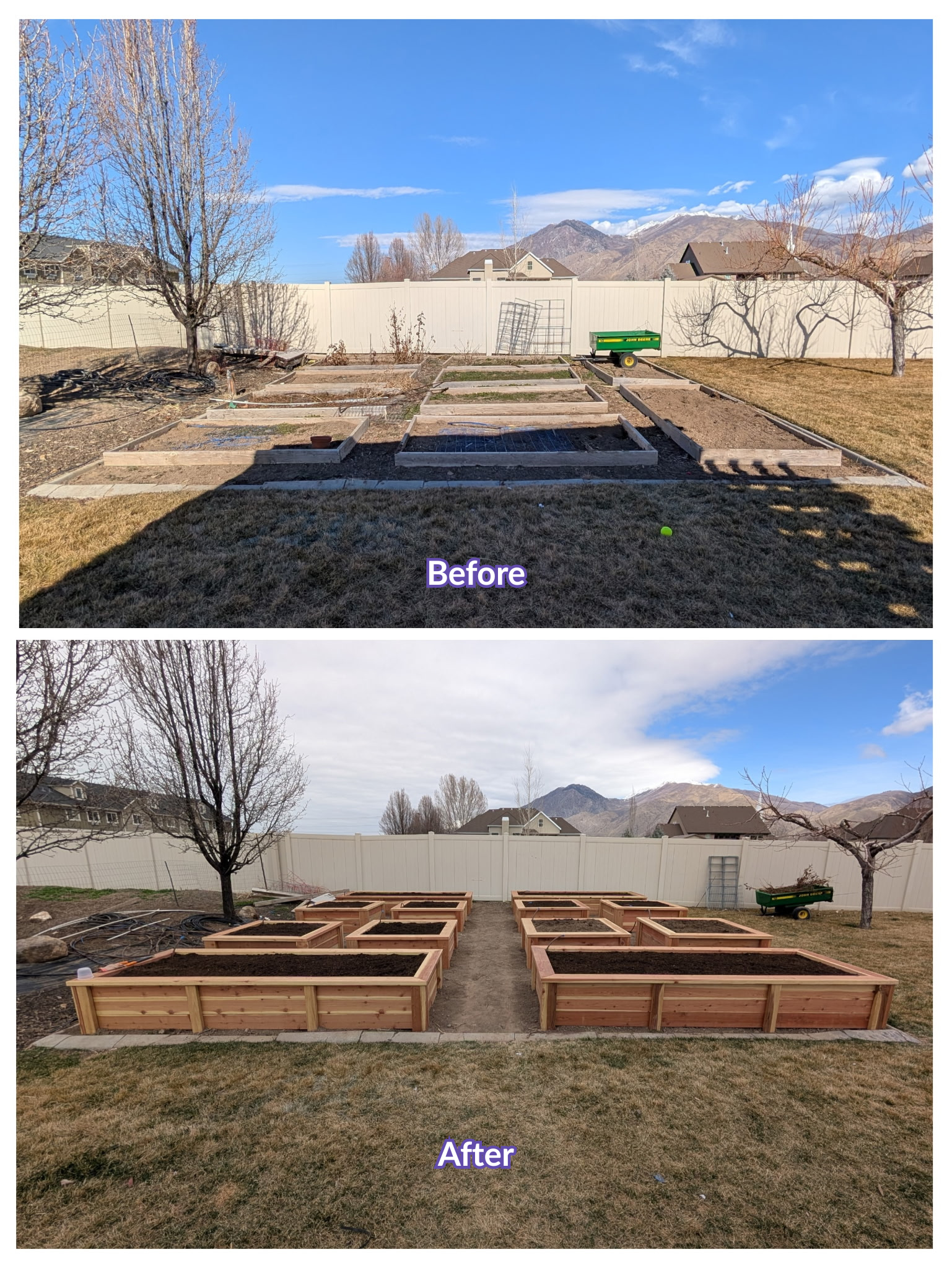 Garden beds before and after construction, with the completed beds filled with soil, showing a backyard with trees, a white fence, mountains in the background, and clear sky.