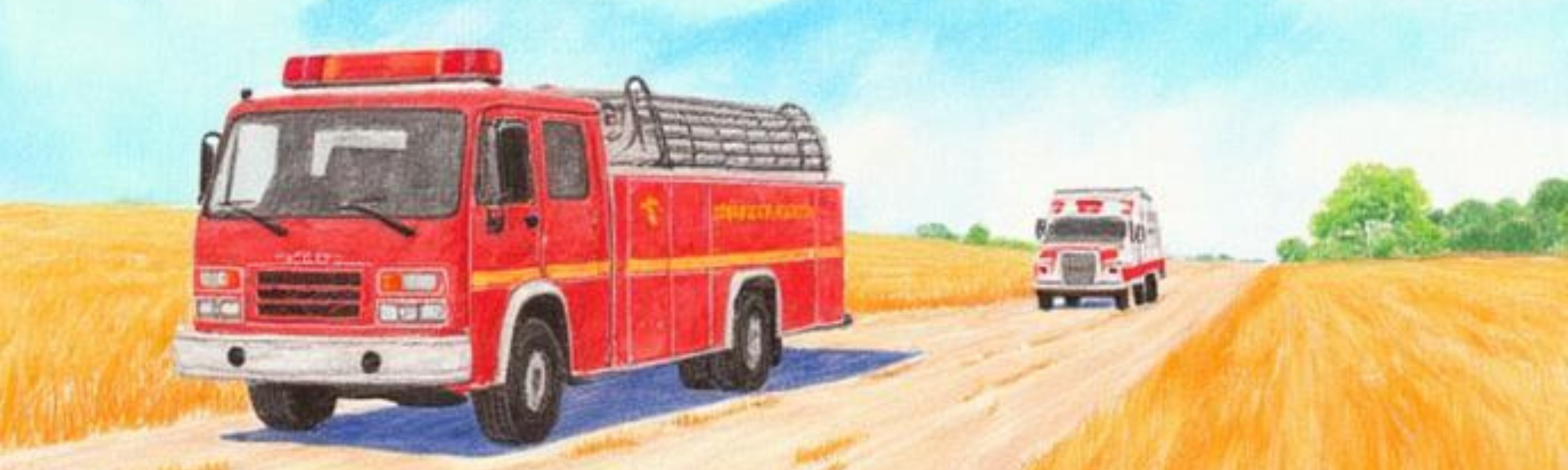 A fire truck and an ambulance on a rural road - pencil drawing created by AI