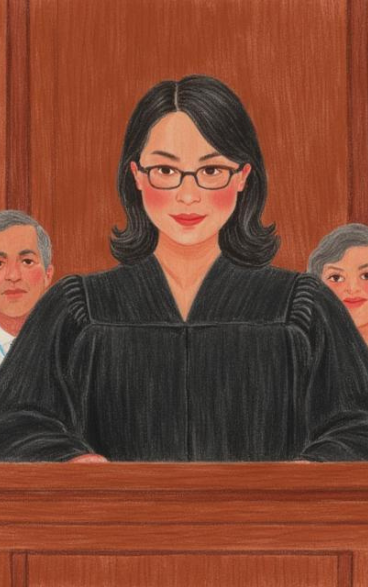 A sketch of a female judge in a court room with her black robe on.