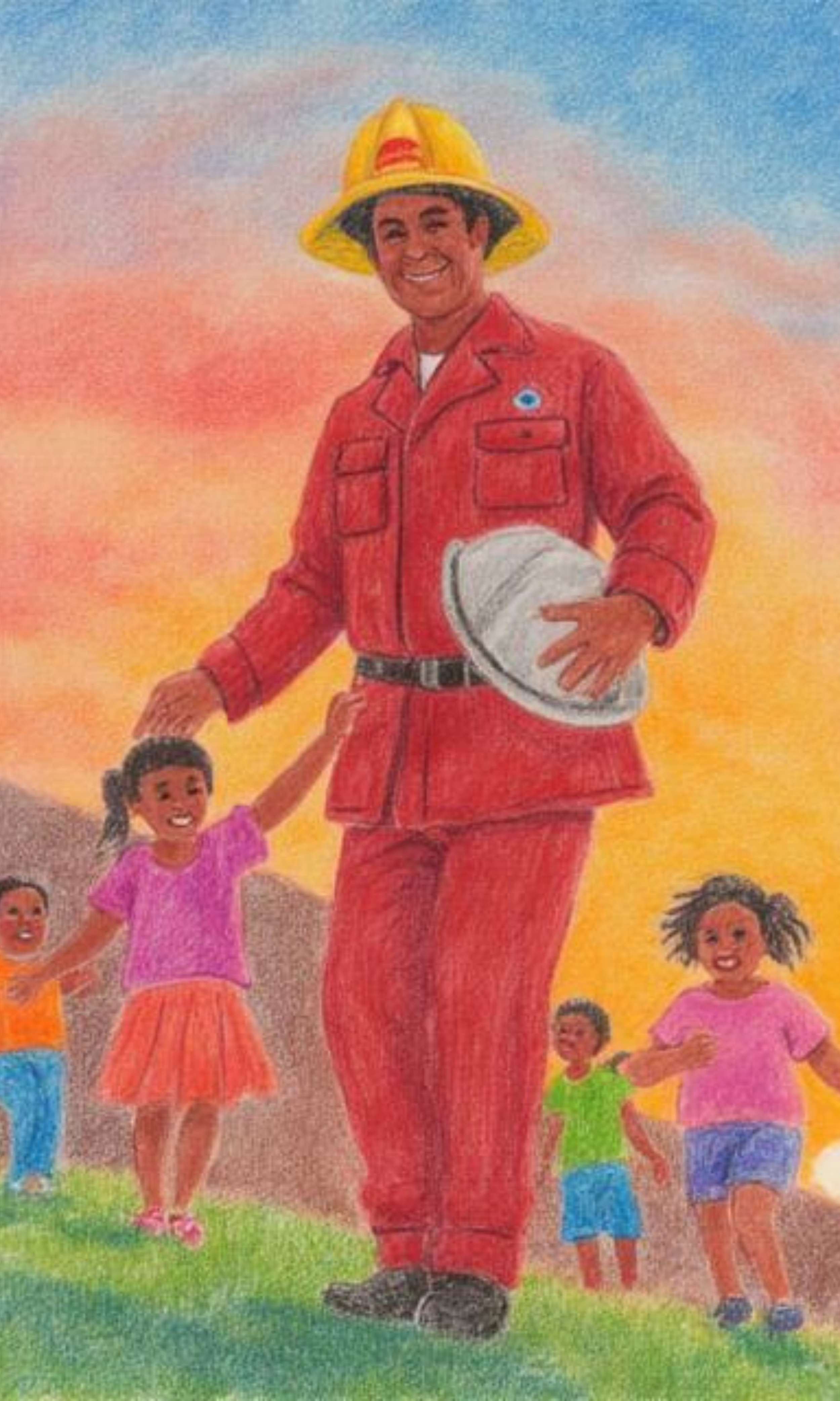 Fireman with children - pencil drawing