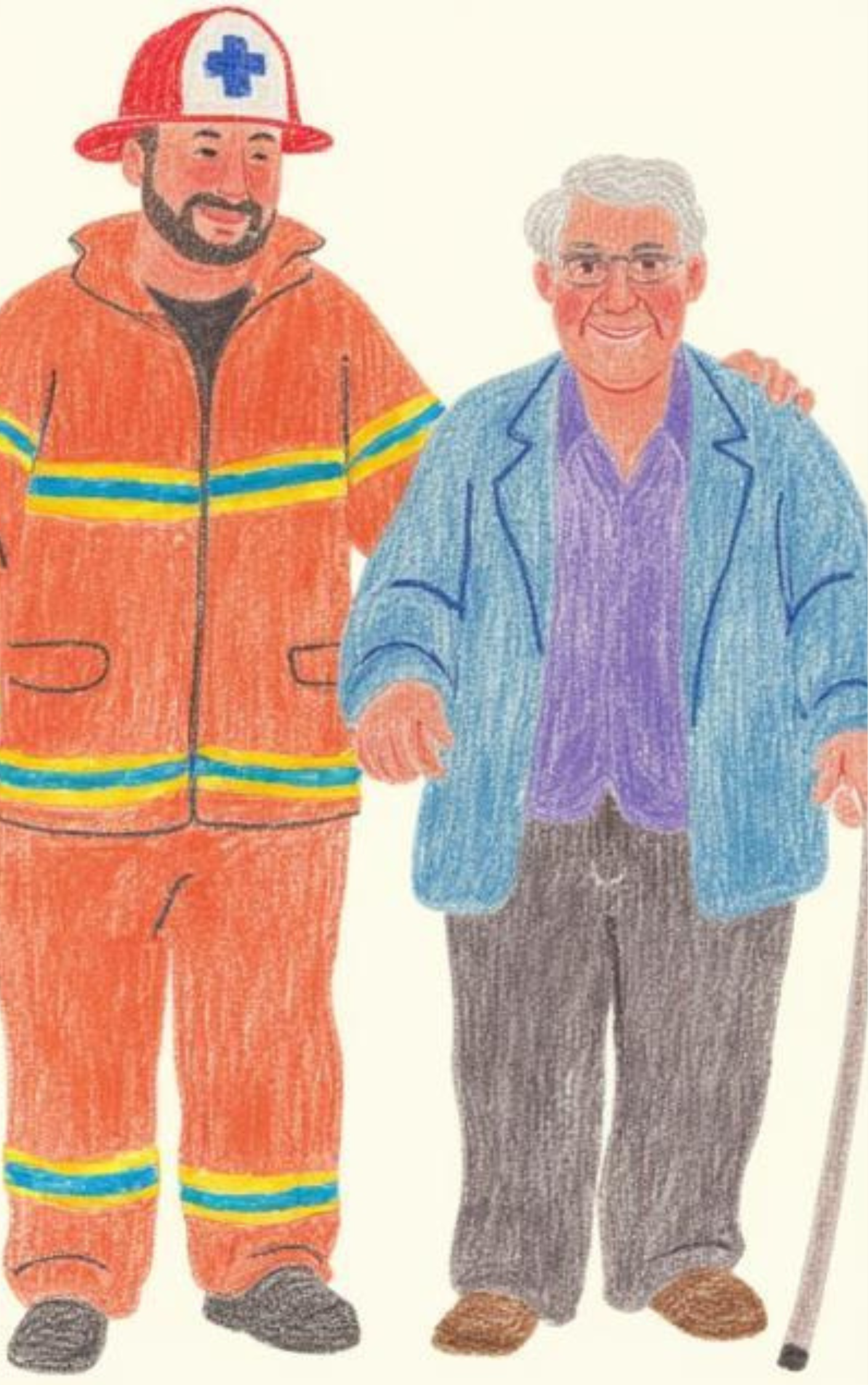 AI sketch of a fire fighter and an elderly man.