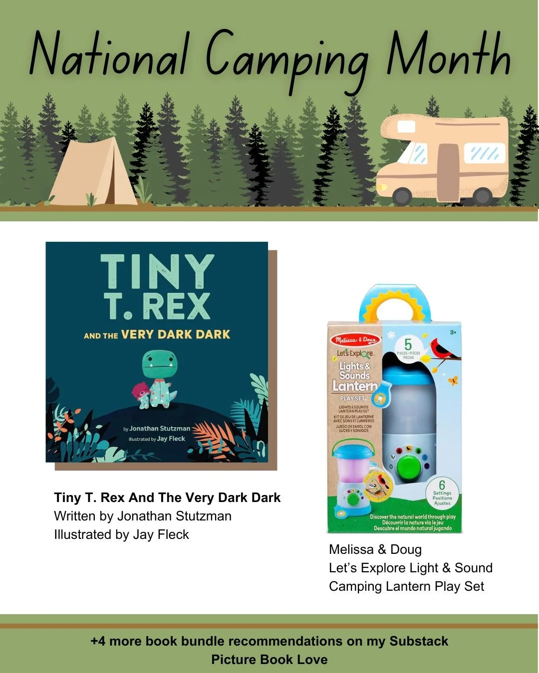 June is National Camping Month! Make your little reader a happy camper with a camping book bundle!
Tiny T. Rex And The Very Dark Dark, written by Jonathan Stutzman and illustrated by Jay Fleck, is a sweet story about bravery that makes the perfect co