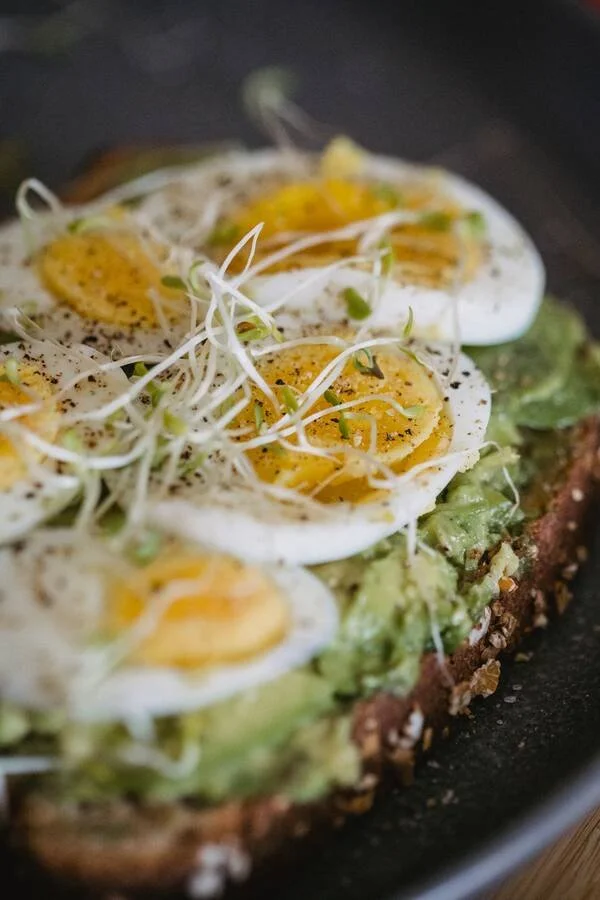 Avocado, sliced egg and fresh microgreens on seeded bread