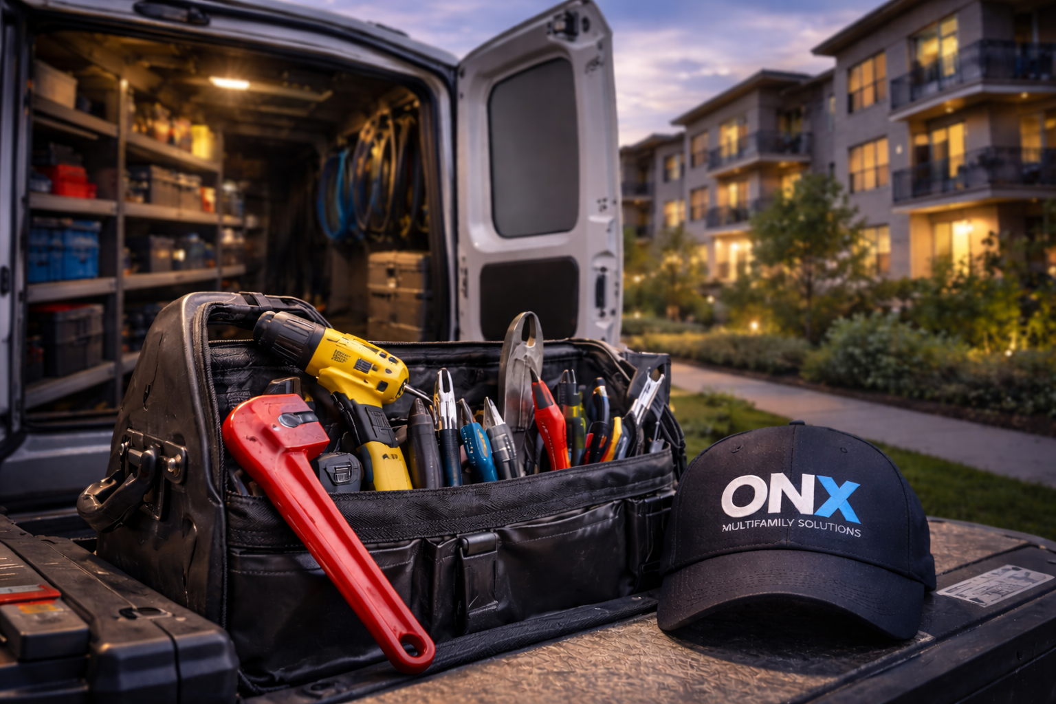 A work van's open trunk showing a toolbox filled with various tools, a red pipe wrench, and a black cap with the ONX logo, set against a neighborhood with apartment buildings at dusk.